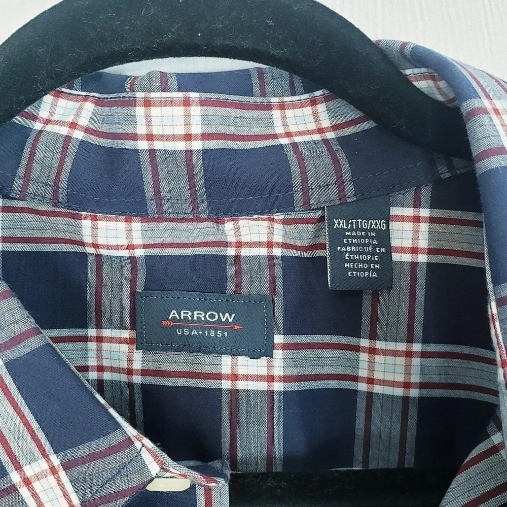 NWT Men's Arrow Button Down Plaid Dress Shirt Hamilton Poplin Navy - Picture 6 of 7